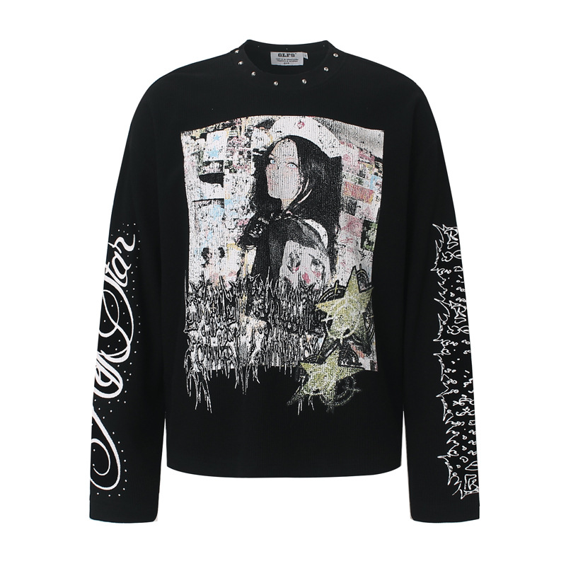Fashion Streetwear - Camiseta Masculina Estilo Graffiti com Rebites,