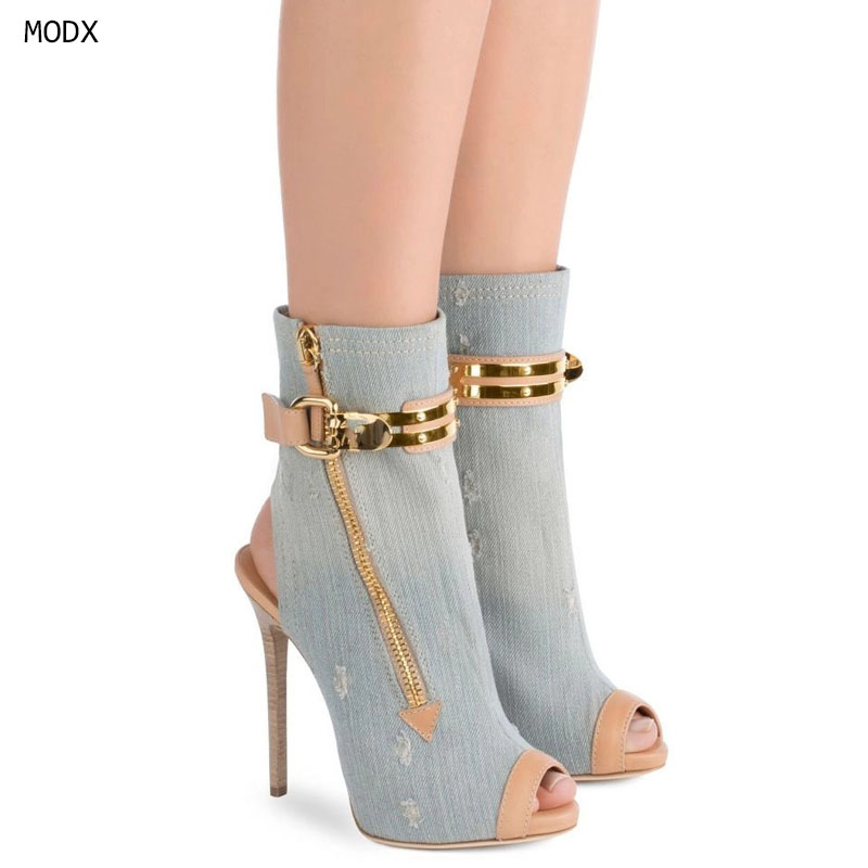 Street Fashion Denim - Botas Femininas de Salto Agulha com