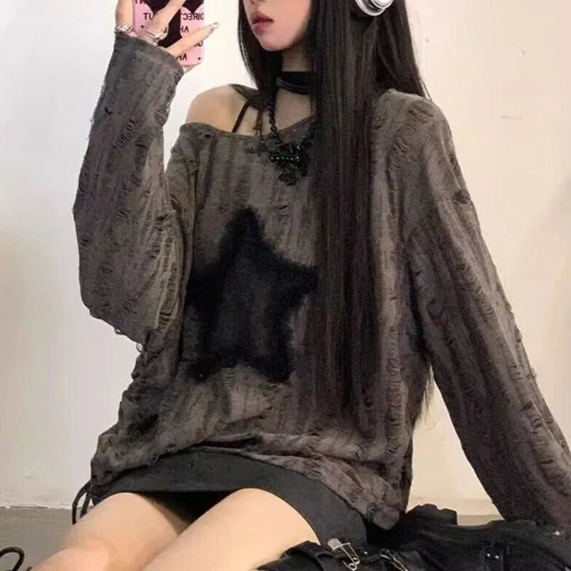 Street Fashion Kpop - Y2k buraco estrela impressão camiseta feminina