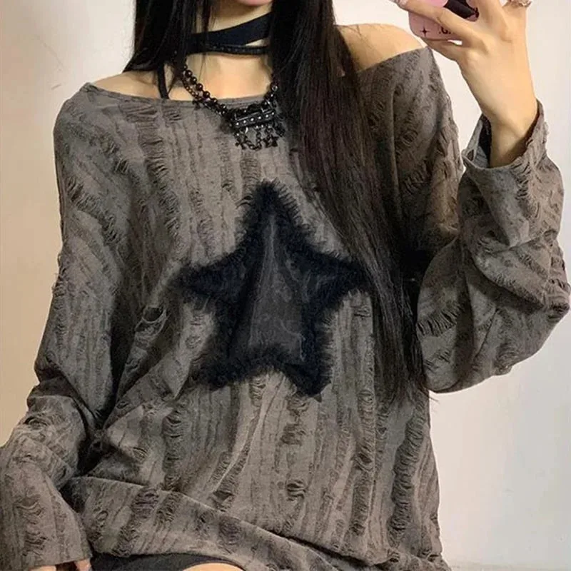 Y2k buraco estrela impressão c - Street Fashion Kpop avaliação e preço