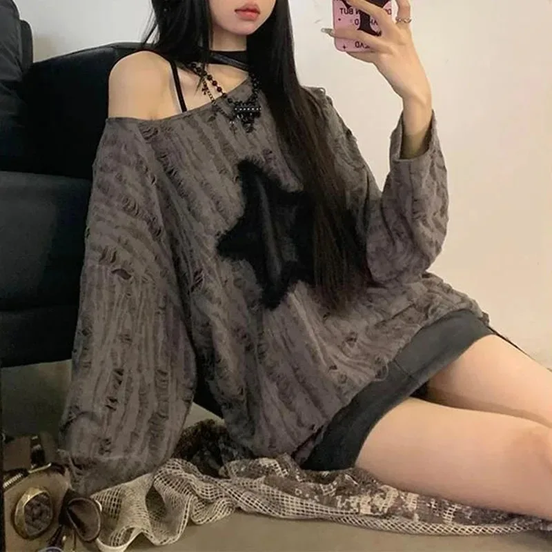 Y2k buraco estrela impressão c - Street Fashion Kpop avaliação e preço