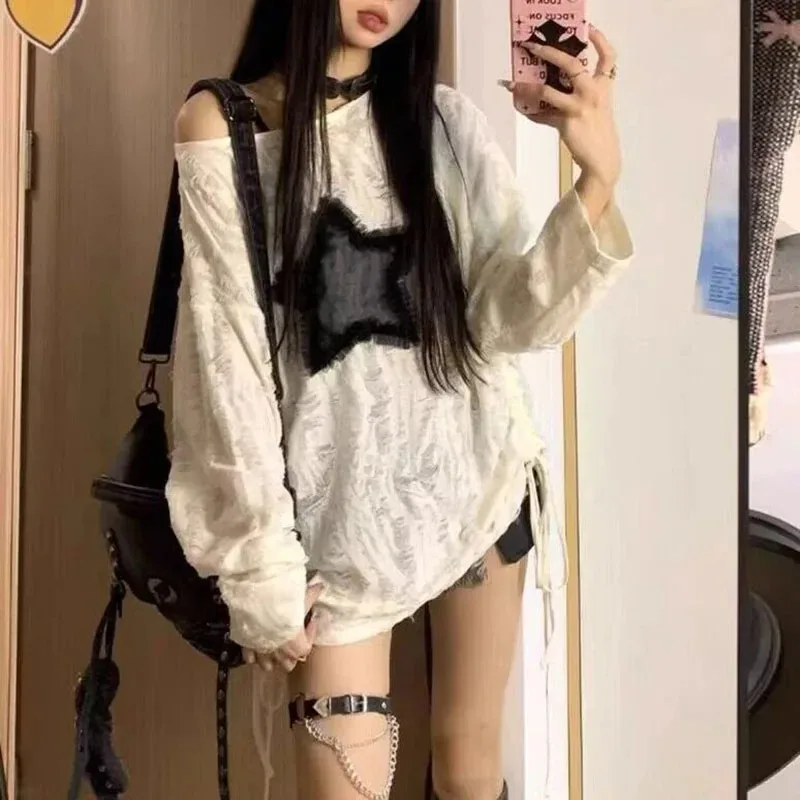 Y2k buraco estrela impressão c - Street Fashion Kpop avaliação e preço